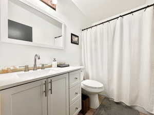 Bathroom with hardwood / wood-style flooring, vanity, and toilet