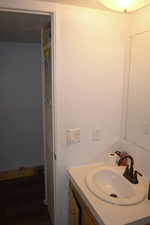 Bathroom featuring wood-type flooring and vanity