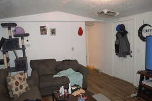 Living room with a textured ceiling, vaulted ceiling, and hardwood / wood-style flooring