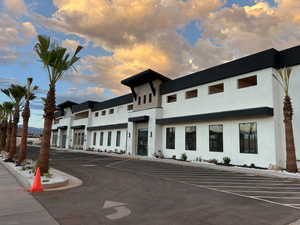 View of outdoor building at dusk