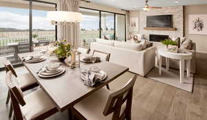 Dining with light hardwood / wood-style flooring, and plenty of natural light Color and materials may very