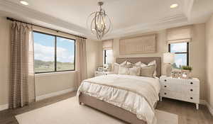 Bedroom with lot of natural light. Pictures of a model home. Colors and materials can vary