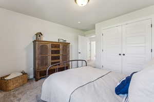 Carpeted bedroom with a closet