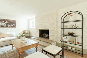 Living room featuring light wood-type flooring and a fireplace