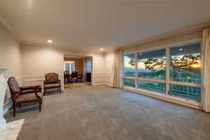 Living room with fireplace and incredible views to the west