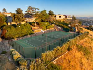 Aerial view of tennis court and panoramic views