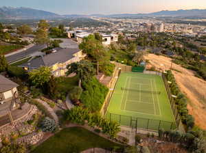 Aerial view at dusk with a mountain view and city view