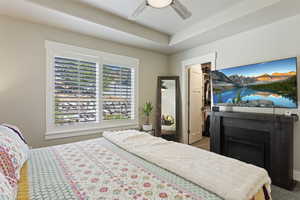 Carpeted bedroom featuring ceiling fan, a closet, a walk in closet, and multiple windows