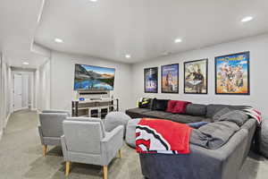 Living room with light colored carpet