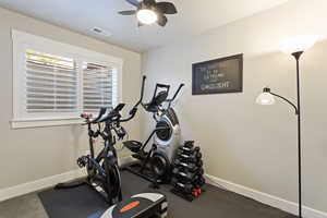 Workout room featuring ceiling fan and carpet flooring