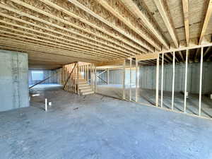 View of unfinished basement area for future rec room.