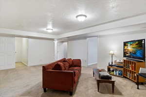 Carpeted living room featuring a textured ceiling