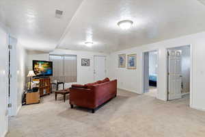 Living room featuring light carpet and a textured ceiling