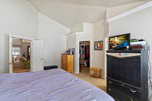 Carpeted bedroom with a spacious closet, a closet, and high vaulted ceiling