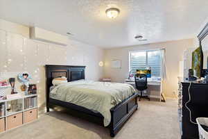 Carpeted bedroom with a textured ceiling