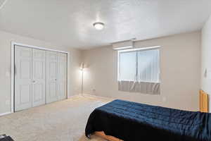 Carpeted bedroom with a closet and a textured ceiling