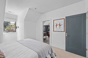 Bedroom with lofted ceiling and light carpet