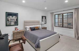 basement Bedroom featuring light carpet