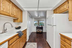 Kitchen featuring sink, dark hardwood / wood-style floors, fridge, and dishwashing machine and pantry