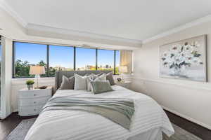 Bedroom featuring multiple windows, dark hardwood / wood-style floors, and ornamental molding