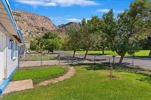 View of yard featuring a mountain view. *Lawn has been virtually enhanced.