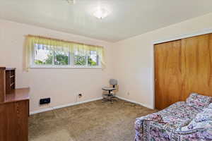 Carpeted bedroom with a closet