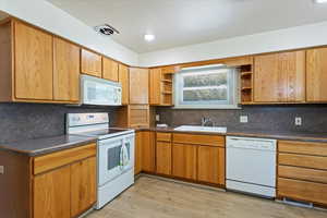 Kitchen with sink, decorative backsplash, light hardwood / wood-style flooring, and white appliances