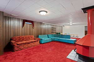 Living room featuring wood walls and carpet floors