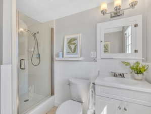 Bathroom featuring a shower with door, toilet, and vanity