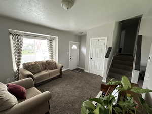 Carpeted living room with a textured ceiling