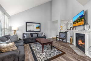 Living room with high vaulted ceiling and wood-type flooring