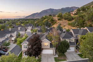 Aerial view at dusk with a mountain view