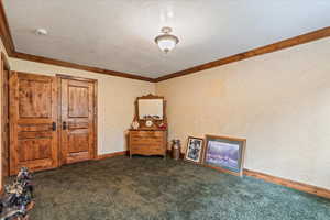 Unfurnished bedroom with carpet flooring, a textured ceiling, and ornamental molding