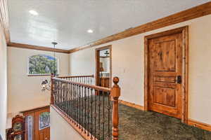 Corridor with carpet floors and a textured ceiling