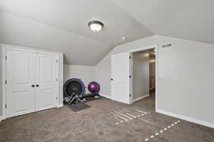 Additional living space with a textured ceiling, carpet flooring, and vaulted ceiling