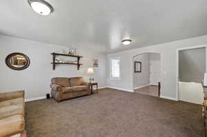 Living room featuring a textured ceiling and dark colored carpet