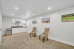 Sitting room featuring sink and light colored carpet