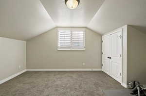 Bonus room featuring a textured ceiling, vaulted ceiling, and carpet