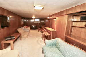 Large family room with bar and fireplace