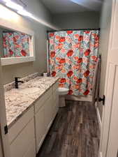 Bathroom with toilet, hardwood / wood-style flooring, and vanity