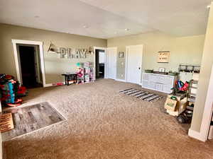 Playroom featuring a textured ceiling and carpet flooring