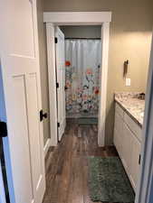 Bathroom featuring wood-type flooring and vanity