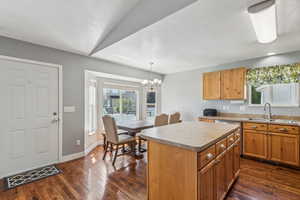 Kitchen with sink, dark wood-type flooring, a healthy amount of sunlight, and hanging light fixtures