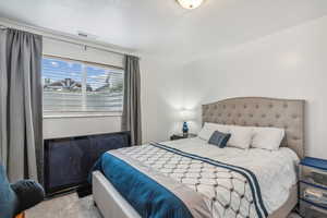 Bedroom featuring light colored carpet