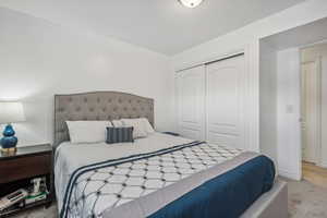 Carpeted bedroom featuring a closet