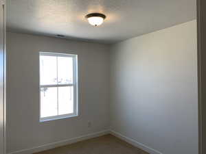 Unfurnished room with a wealth of natural light, carpet flooring, and a textured ceiling (photos are not of actual home this is a previously built home)