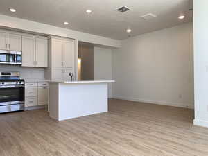 Kitchen with light hardwood / wood-style floors, stainless steel appliances, gray cabinetry, and an island with sink (photos are not of actual home this is a previously built home)