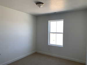 Unfurnished room featuring carpet floors and a textured ceiling (photos are not of actual home this is a previously built home)