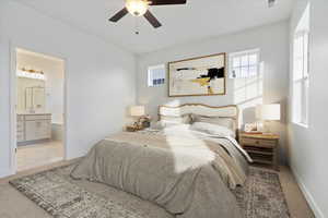 Bedroom featuring light colored carpet, ensuite bath, and multiple windows