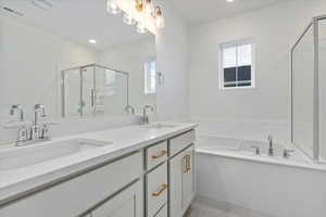 Bathroom featuring separate shower and tub and vanity